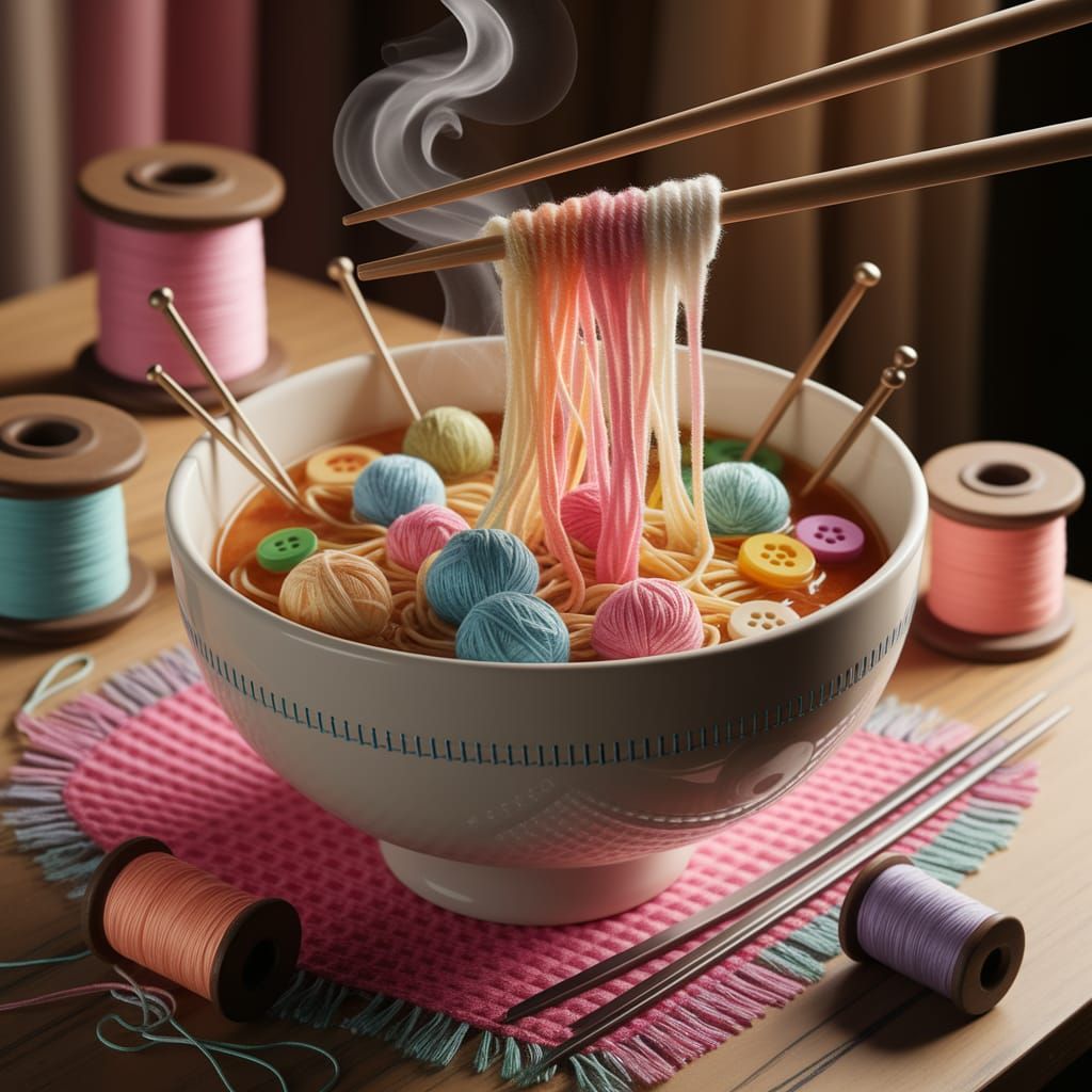 "A whimsical bowl of ramen where the noodles are made of soft, colorful yarn balls and threads. The yarn ...  by @Karina 