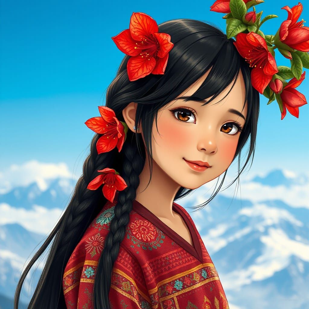 A young girl with warm brown eyes that reflect the endless Himalayan sky. Her long dark hair is braided, ...  by @Katerinafrompoem