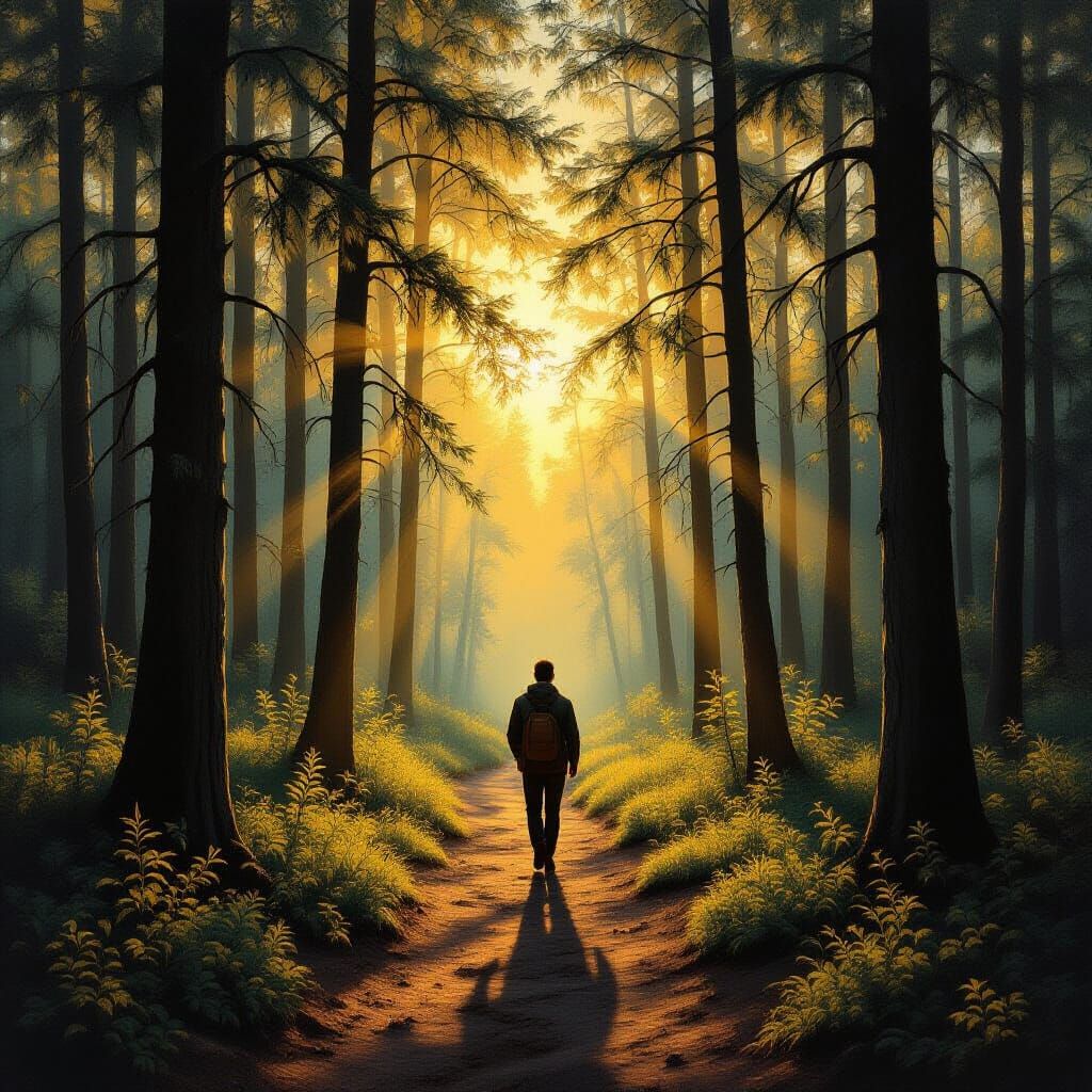 Person Walks Forest Path in Golden Hour Oil Painting
