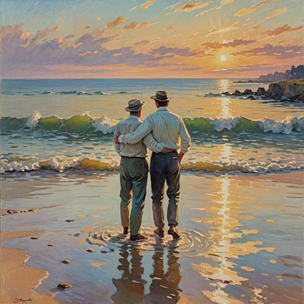 Happy Men on Sunny Beach in Impressionist Style