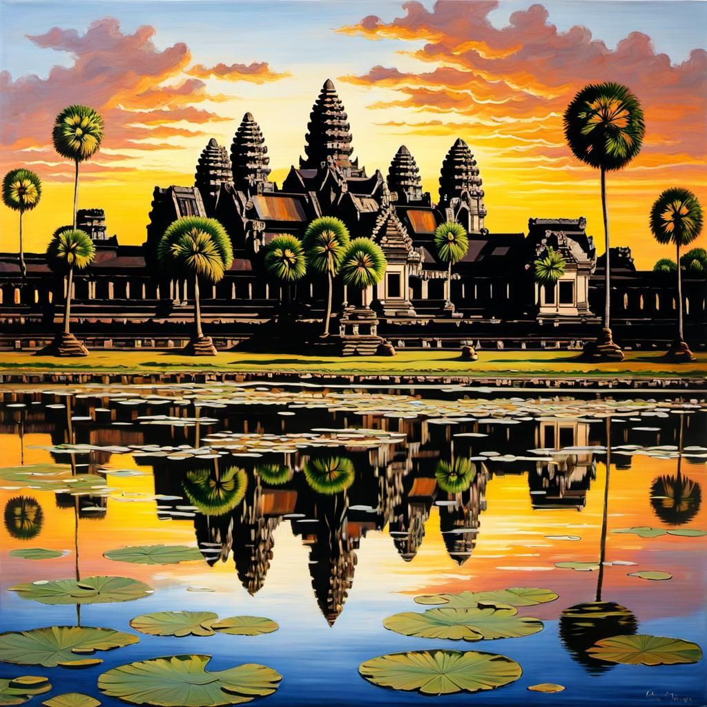 Sunset Over Angkor Wat, Cambodia Ancient Ruins 