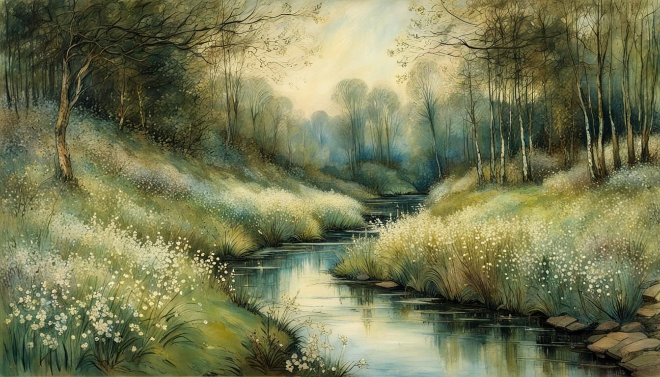 Spring evening by the stream, the bank of which is covered w...