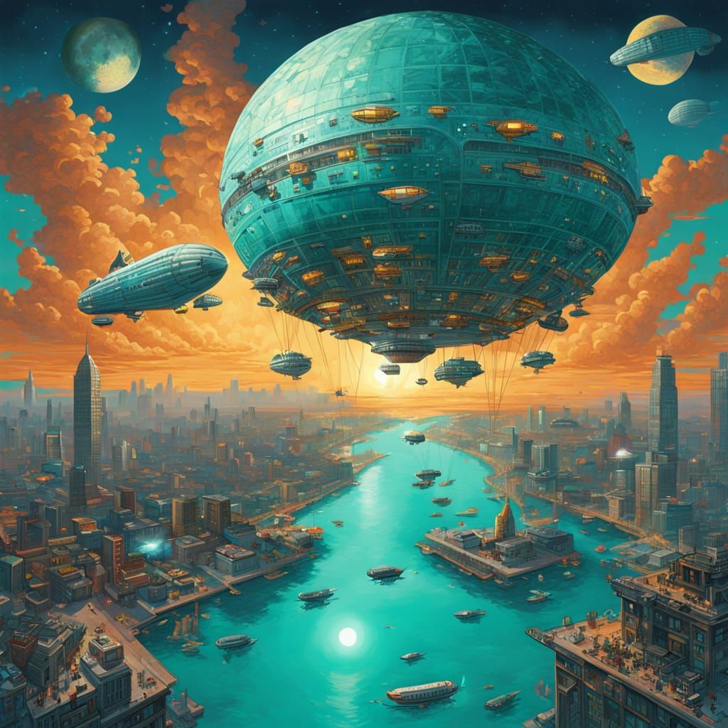 a retro futuristic painting where against the backdrop of a turquoise sky airships float into the distance over a city illuminated by turquo...