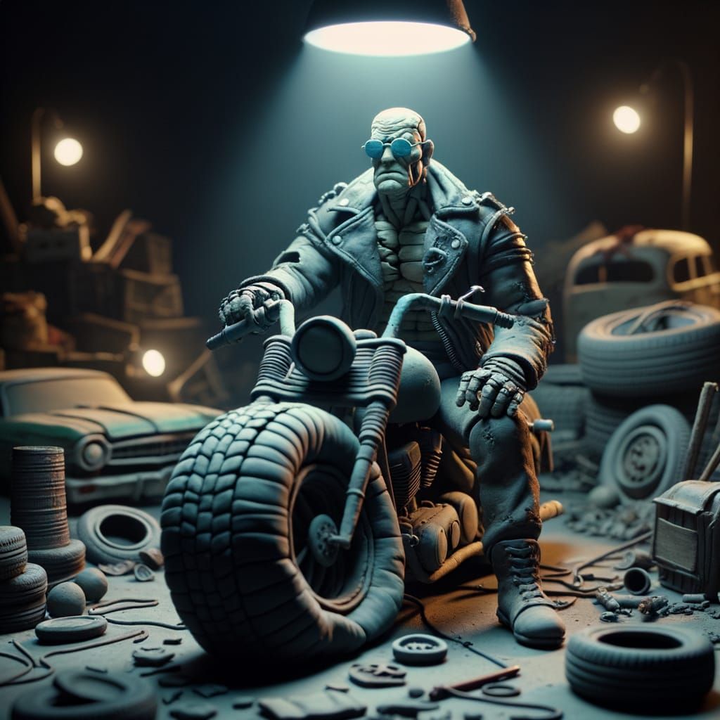T-900 sitting on his motorcycle, flat tire, claymation diora...