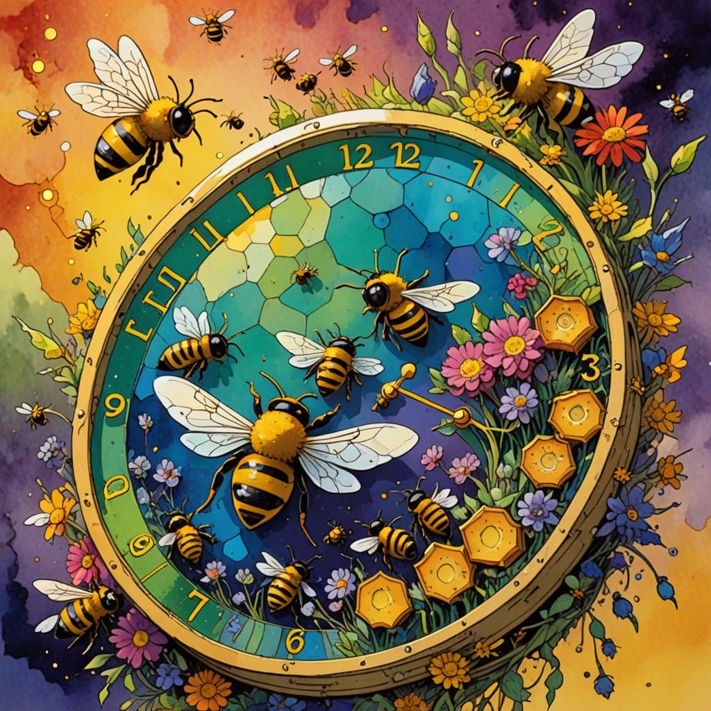 Bee On Time. Bees on a honey clock. colorful, bright, cheerful, volumetric lighting, chiaroscuro, watercolor, gouache, comic book style, moe...
