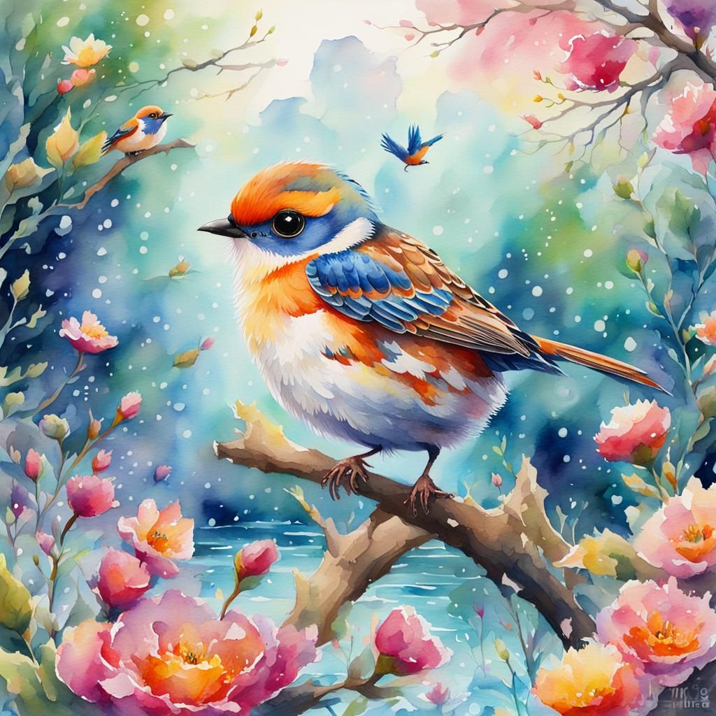 A high-definition detailed watercolor landscape and birds painting, splash, bright close-up, cute and ...  by @undefined
