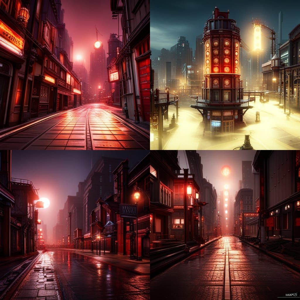 Steam punk red light city streets at night