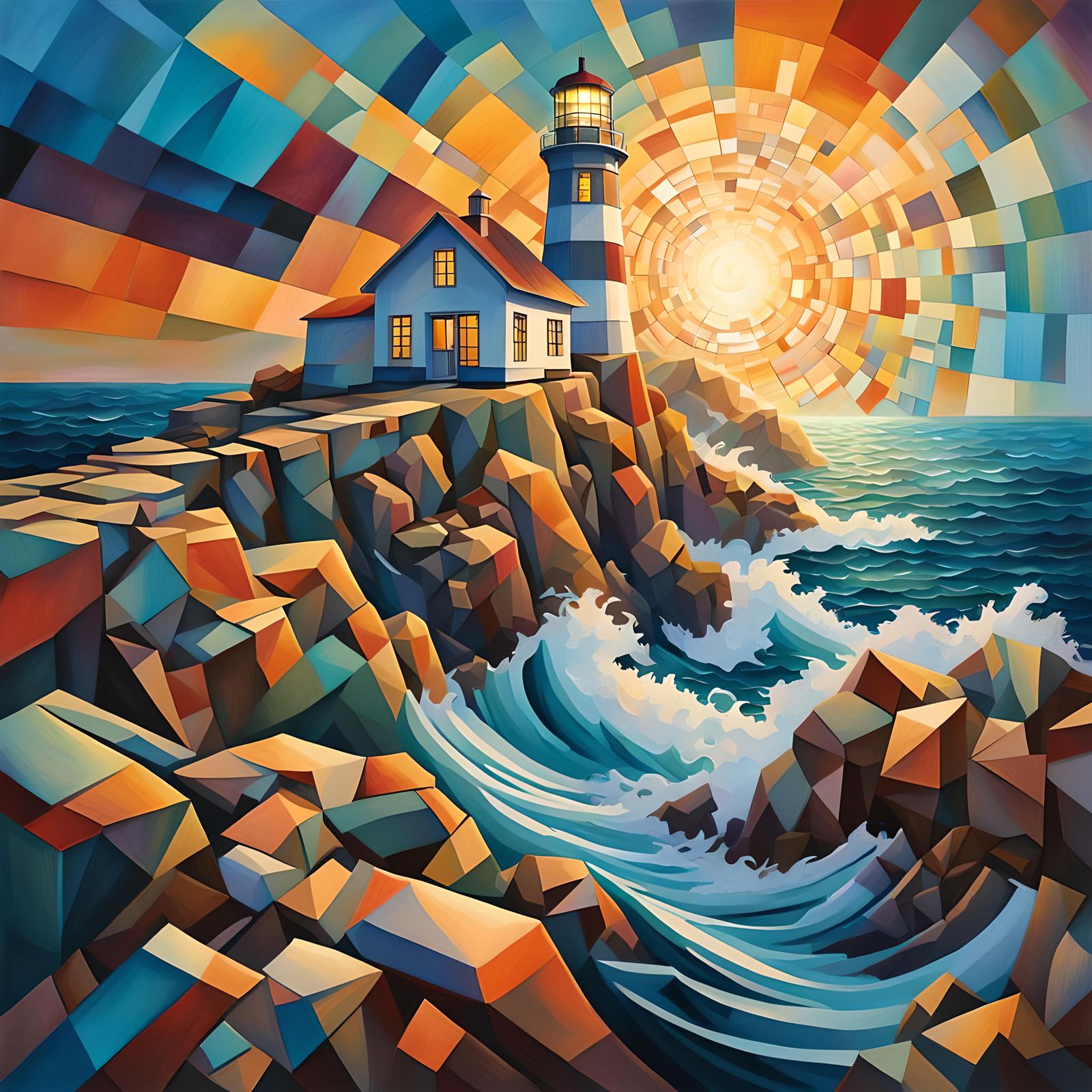 A cubism lighthouse on a cliff, sea, beach, light beam heading towards the sea.  High resolution.  by @Irene