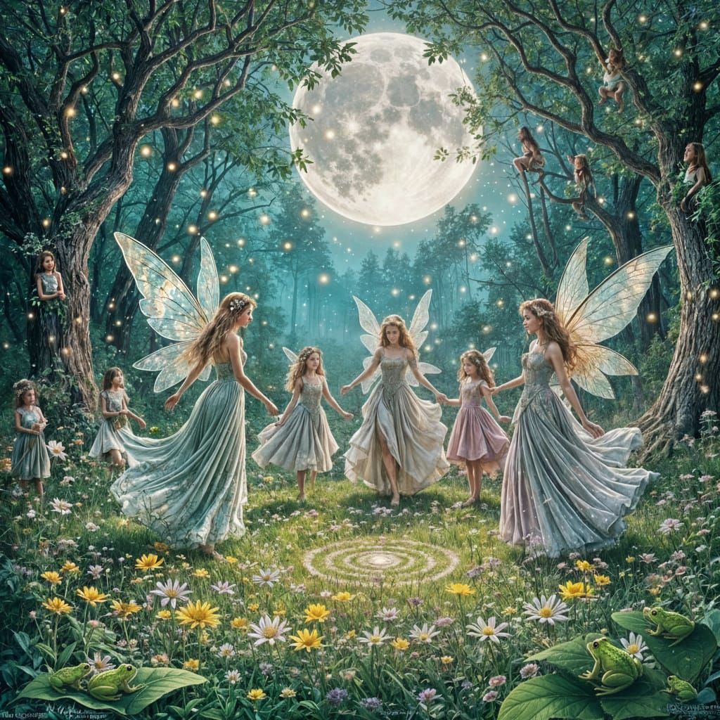 All types, shapes, and sizes of magical creatures and fairies dance under the moonlight in the enchanted forest.  They create fairy circles ...