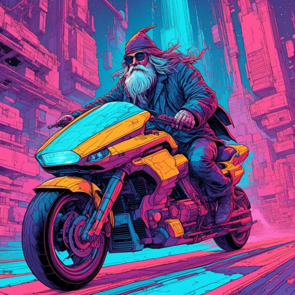 A wizard riding a futuristic motorcycle. <lora:Neon Roast:1.0> 