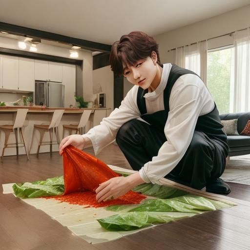 show me Korean singer Jungkook seasoning napa cabbage leaves with red pepper powder on plastic tarps laid out on his liv...