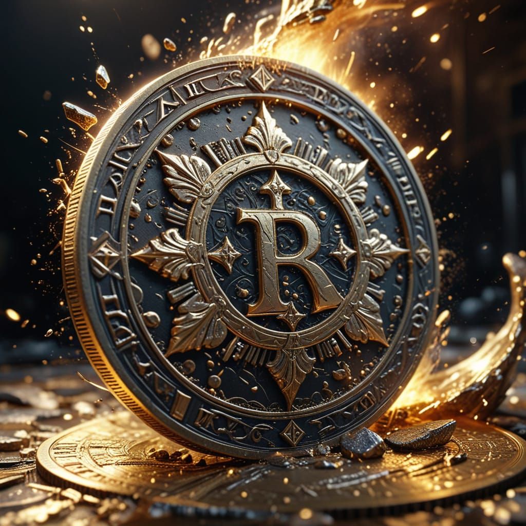 Exploding giant gold coin. high-detail, ornate coin to the point of being gaudy but completely made of gold. The coin in the process of bein...