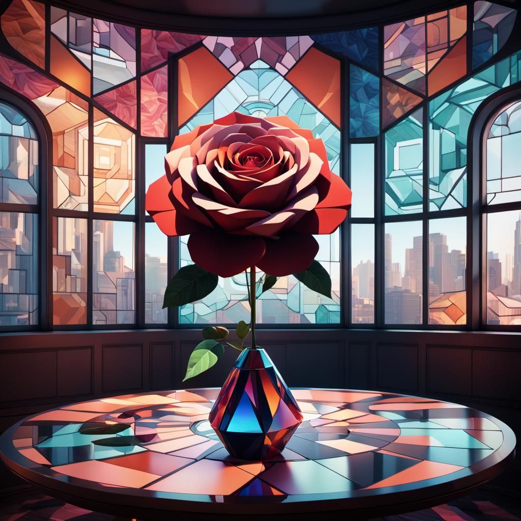 Geometric Rose in Neo-Cubist Digital Art Style