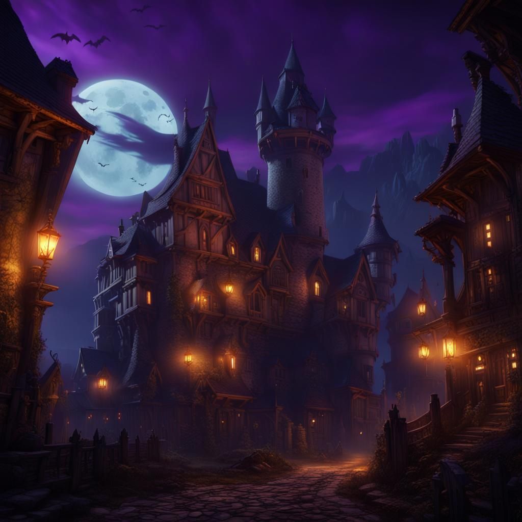 Haunted village with vampire's castle above at spooky night