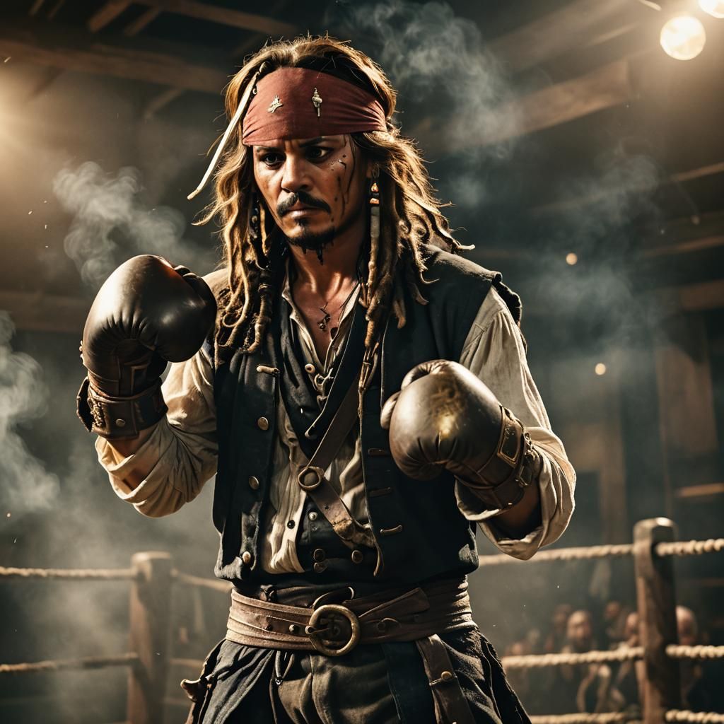 captain jack sparrow in boxing gloves in the ring 