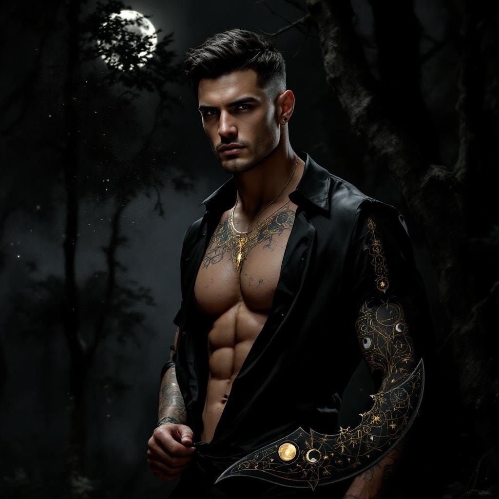 Create a dark, moody portrait of a strong, mysterious man with short dark hair partially illuminated by soft silver moonlight. He wears an o...