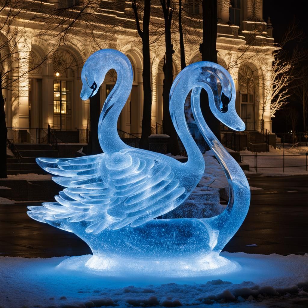 Ice sculpture. Blue, glowing, lit up ice sculpture at night. Ice