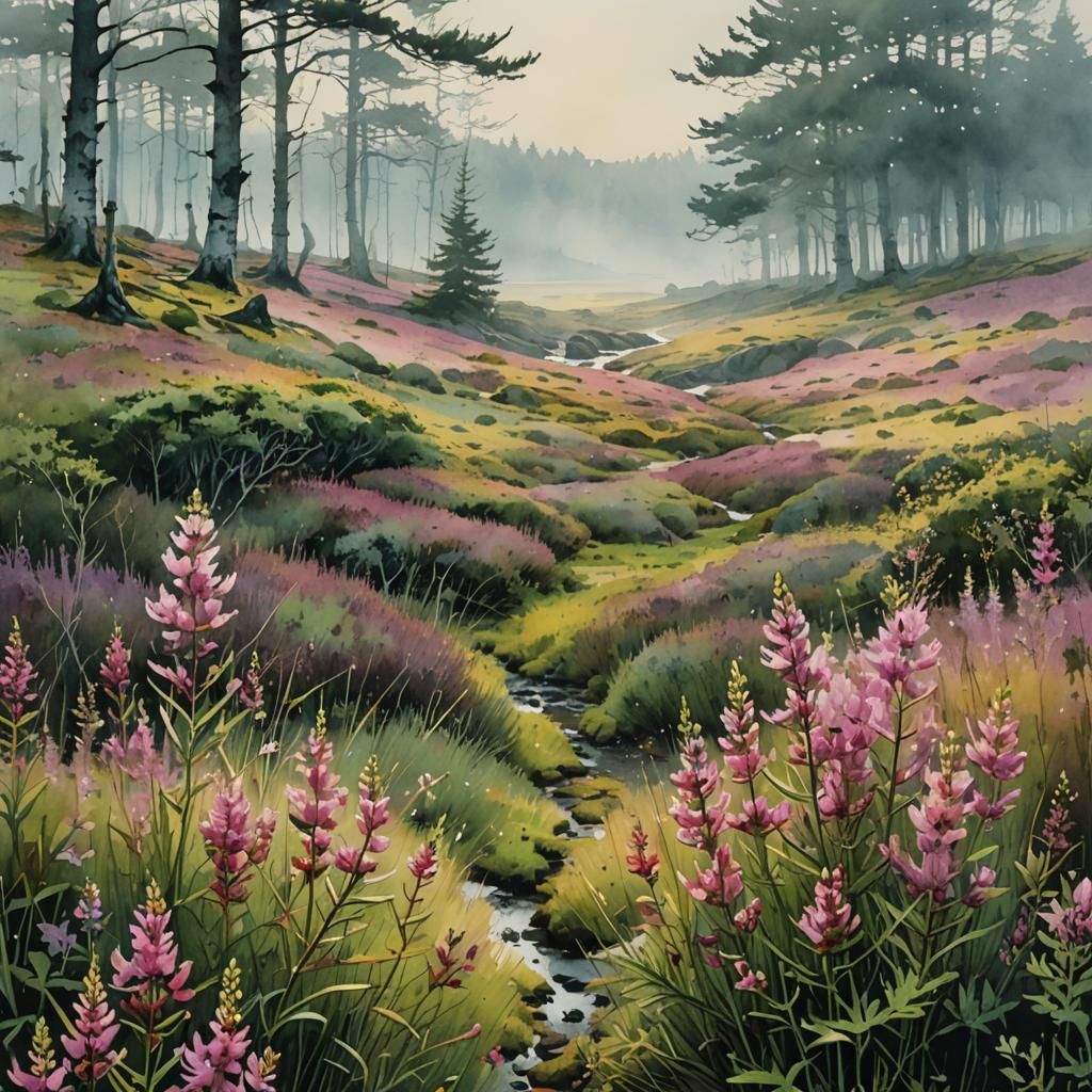 Morning mist over the blooming heather, by Paul Lovering and...