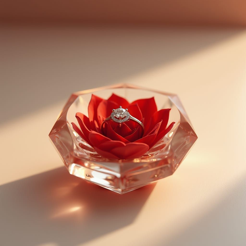 Create a small ring holder that is shaped like a diamond and made of white glass. Inside the holder, place a small piece of red fabric that ...