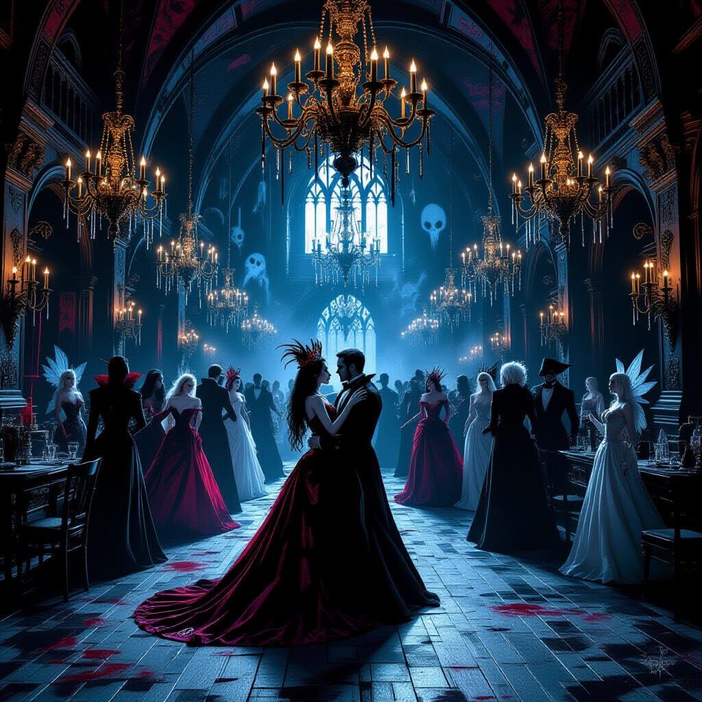 hyper realistic depiction, 8K analysis, of an ongoing party among vampires, humans, elves, fairies and other creatures, taken from nightmare...