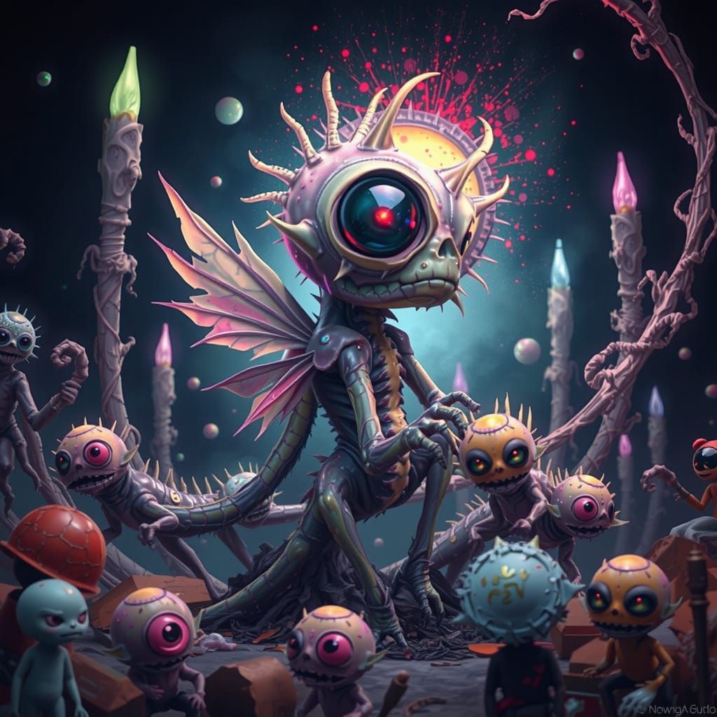 draw an animated image of Three (3) large colorful gummy candy spiders on a web surrounding a panicking gummy bear that is cocooned in spide...