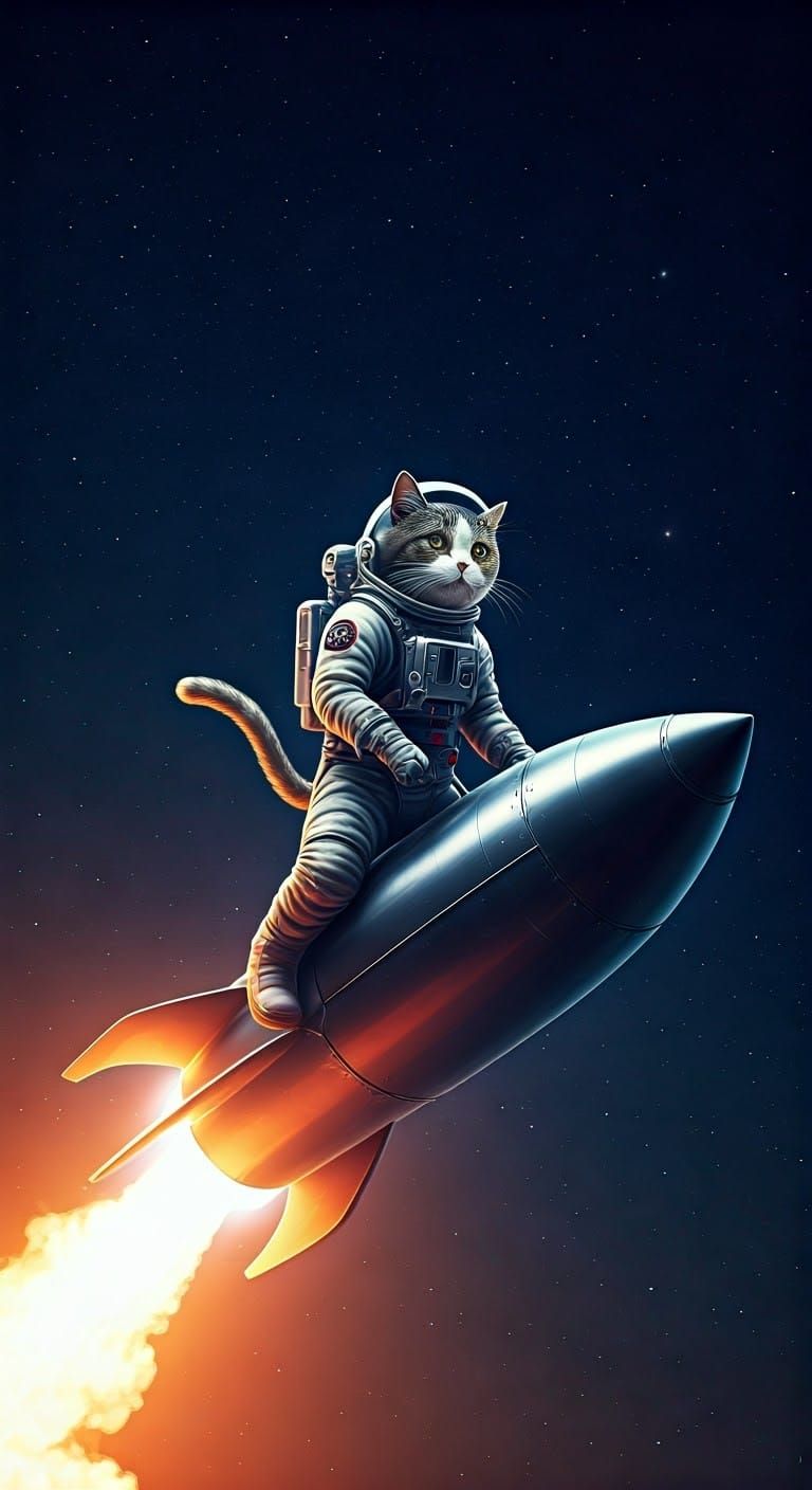 A captivating, cinematic photo of a cat astronaut flying riding on a rocket 