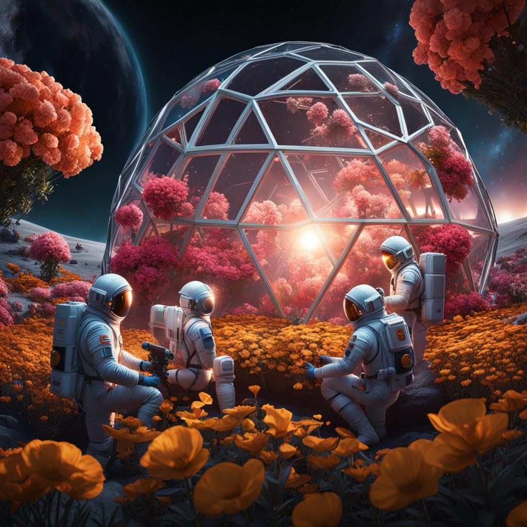 Three men in spacesuits tending to the flowers in a geodesic...