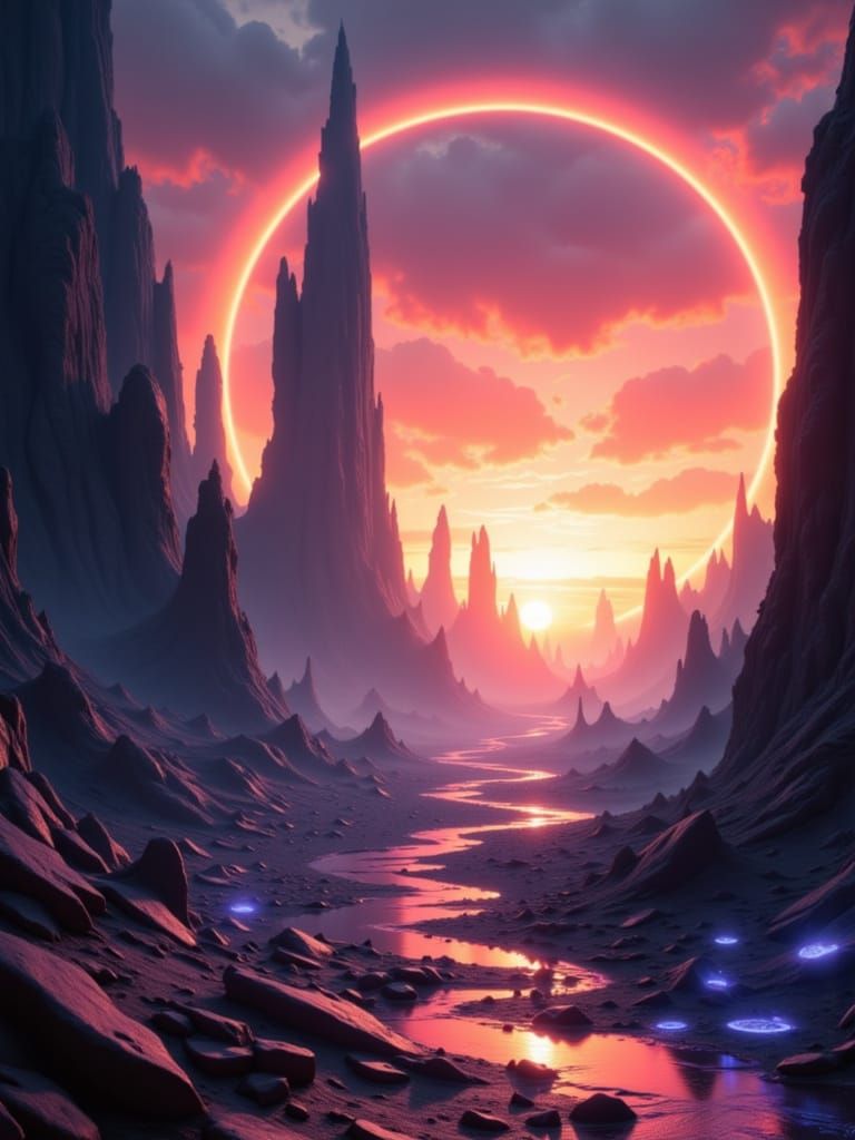 A vast, alien desert landscape under a binary sunset, where colossal, geometric rock formations pierce the sky. Strange, bioluminescent flor...