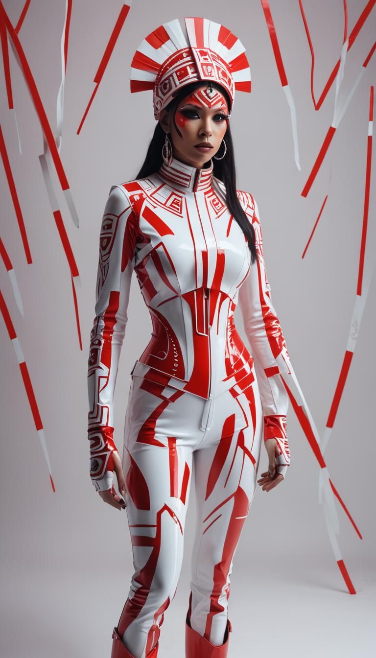 Female Inca in red and white neon latex artistic
