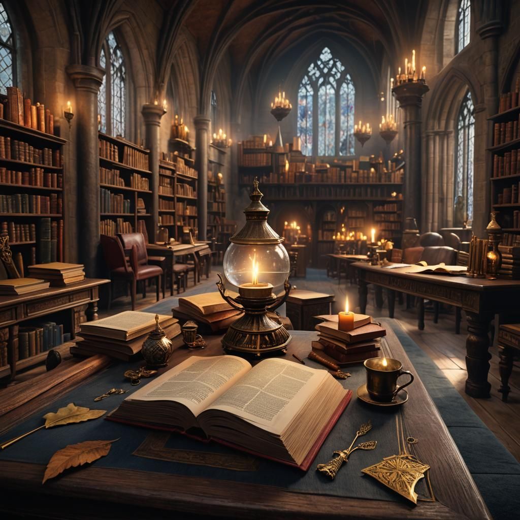 An ancient library full of old books; candles and fire burning lamps.  by @Dantonio