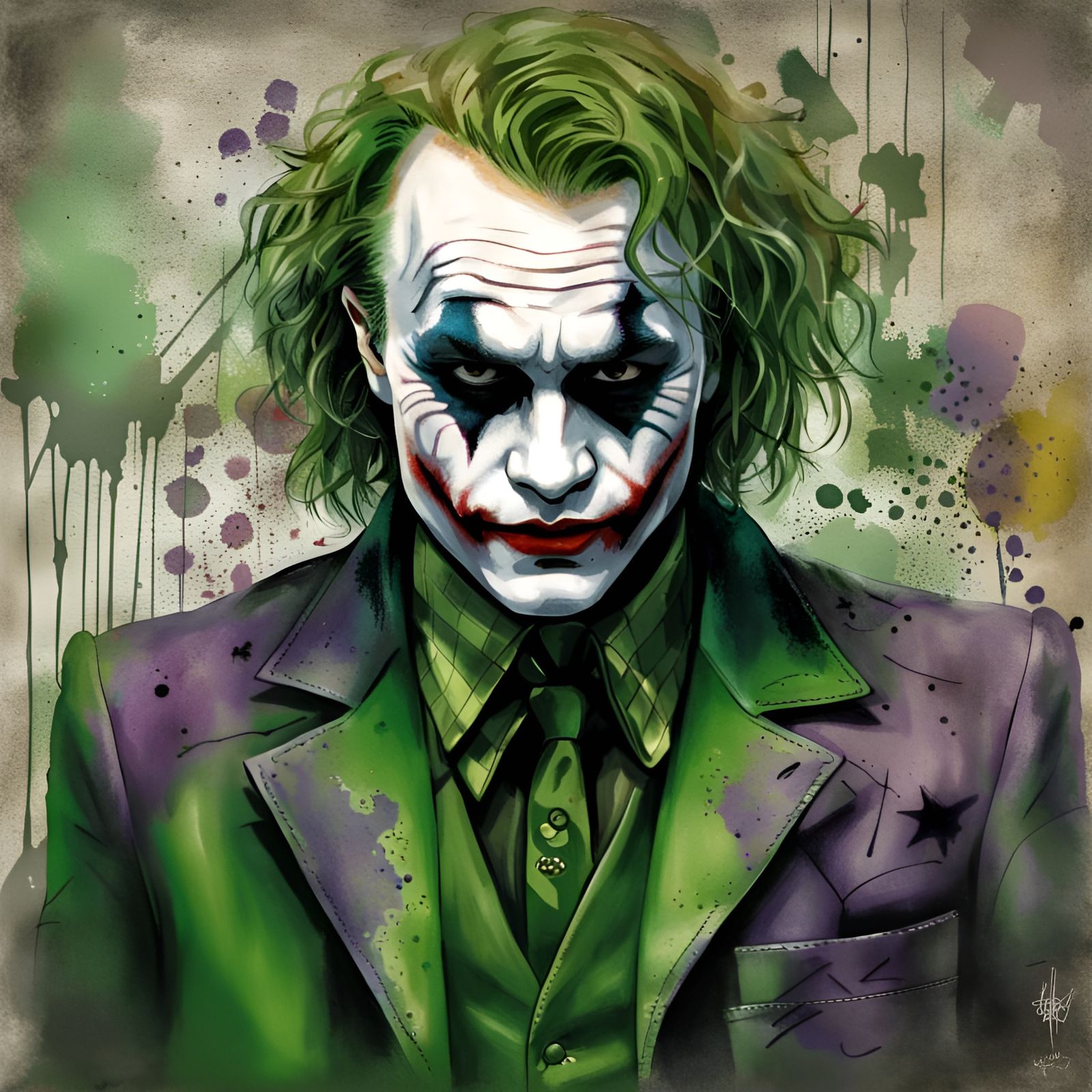 Heath Ledger as the Joker in a green suit togehther with a beautiful ...