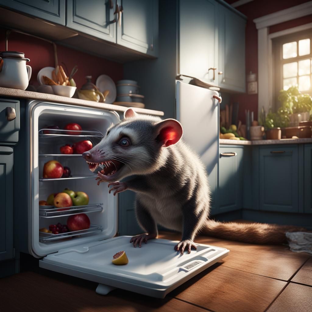 A possum with big teeth and dark red eyes eats from a refrig...