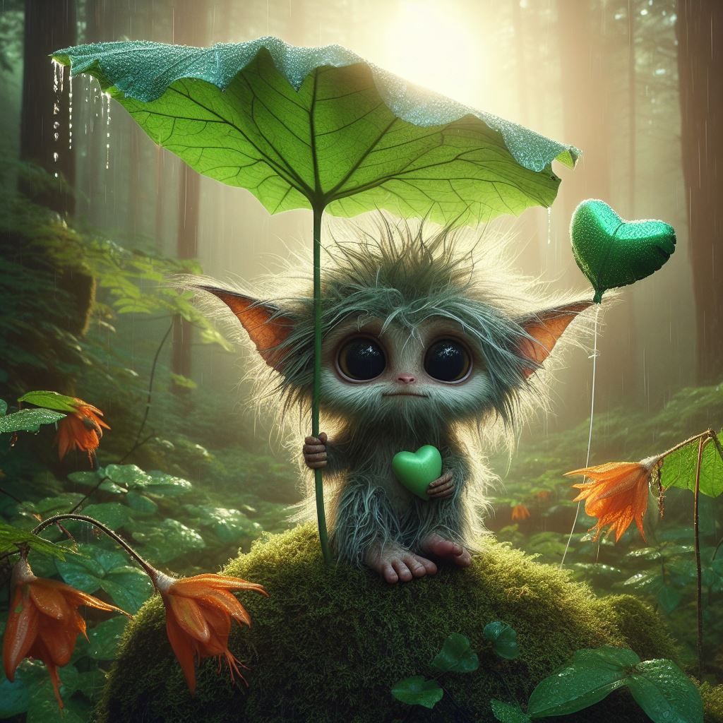 Cute pixie sheltering under a leaf