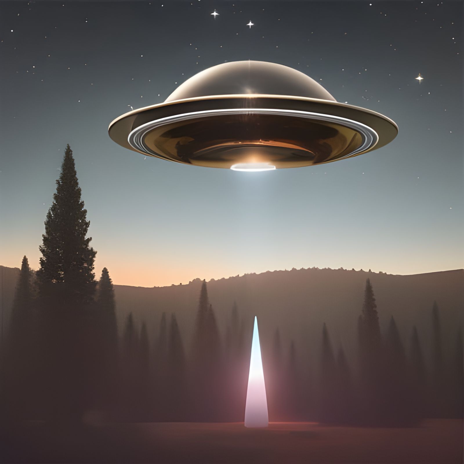 Silver UFO Over Meadow at Night in Cel-Shaded Style