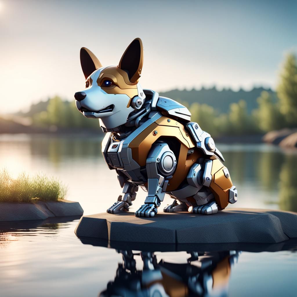 Cyborg Corgi sitting by a lake - AI Generated Artwork - NightCafe Creator