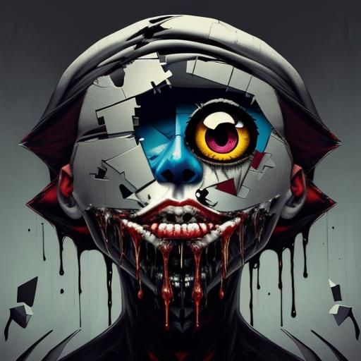 a painting of a man with green paint on his face, cyberpunk art, by Camilo Mori, surrealism, split in half, artgrem, album art cover, cracke...