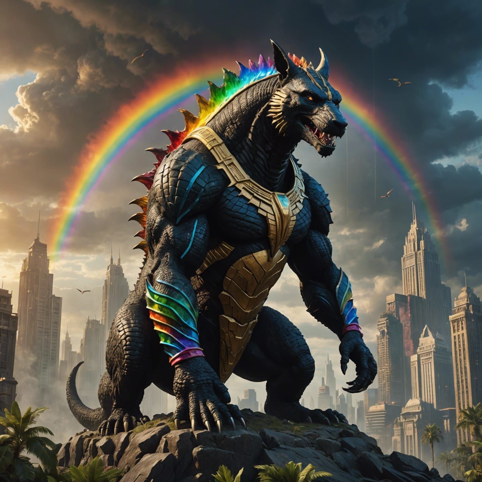 A giant rainbow muscular thick Anubis Godzilla