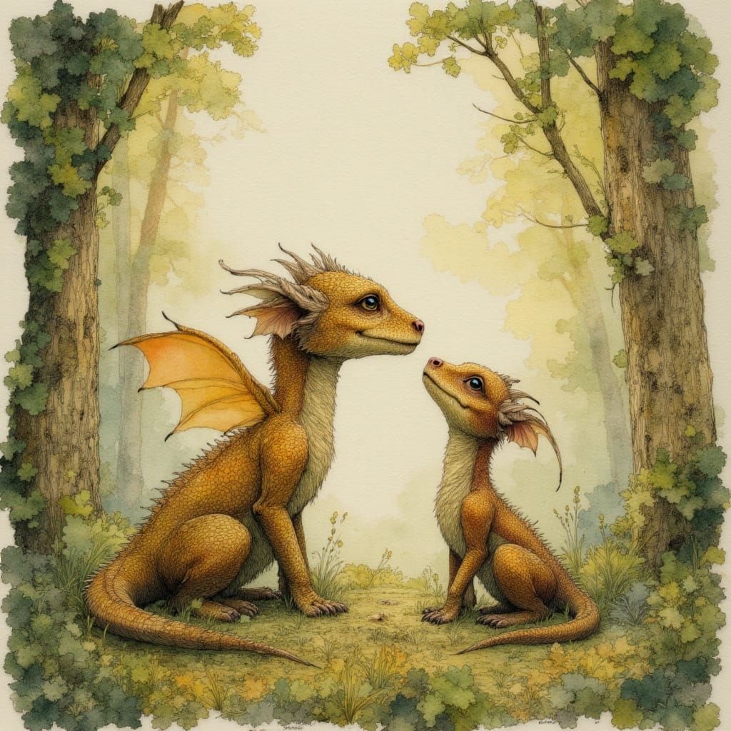 impasto A cute baby dragon with his mama dragon watching from above, lush forest background, love and adoration, loving gaze, Natural neutra...