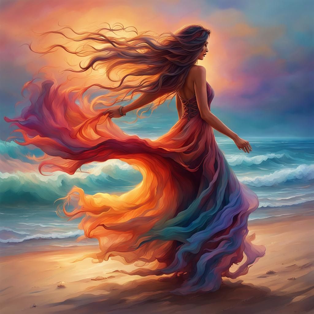 a woman with colorful ombre long flowing hair gracefully str...