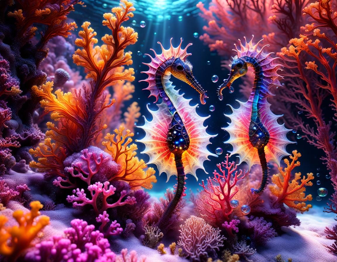 Colorful coral seahorses  by @BunnyFooFoo