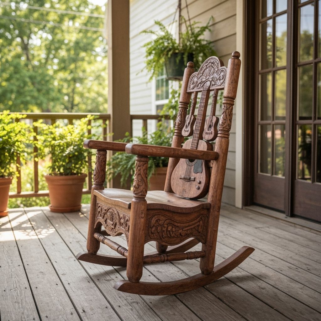 An ornate and intricate wooden rocking chair carved with guitars