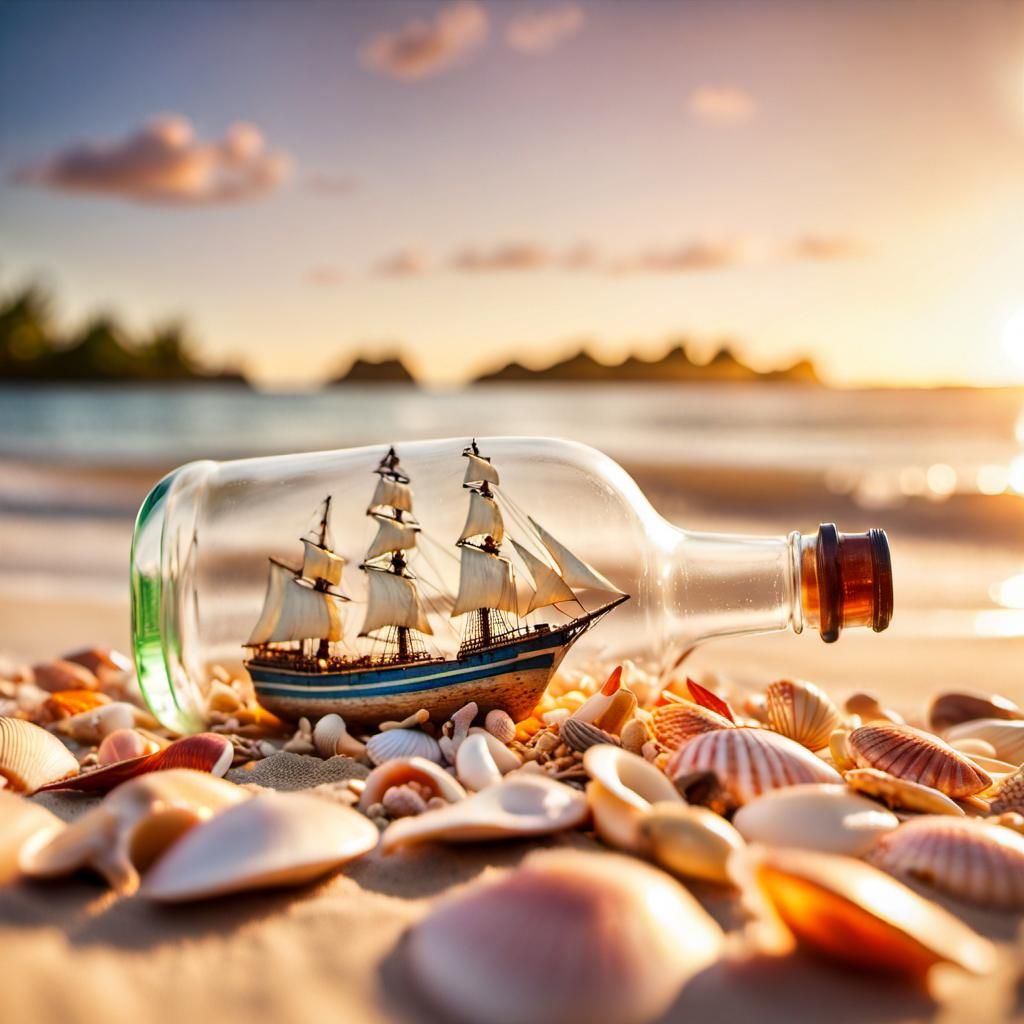 Miniature sail ship inside long neck bottle laying on tropical beach shoreline  by @Fokje