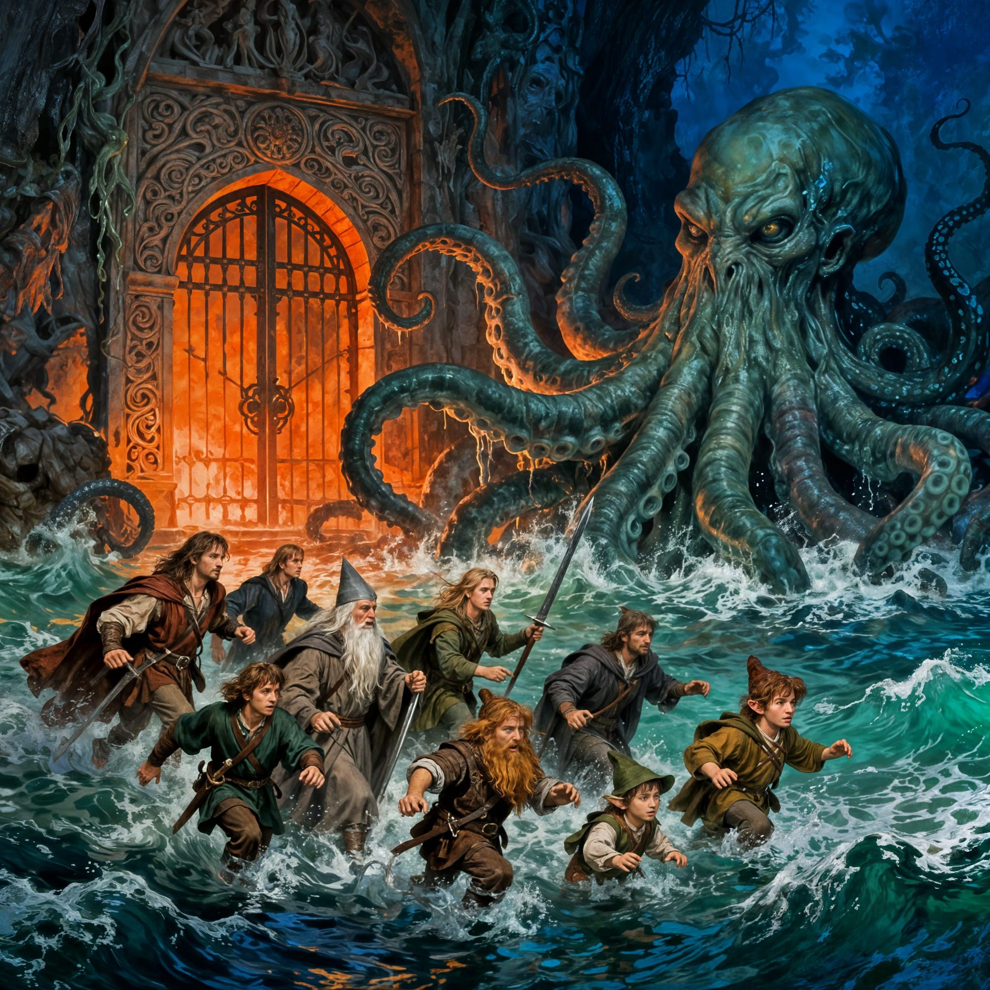 Before the ornate front gate of the Mines of Moria, the 9 members of the Fellowship of the Ring ( Aragorn, Boromir,  Gandalf, Legolas, Gimli...