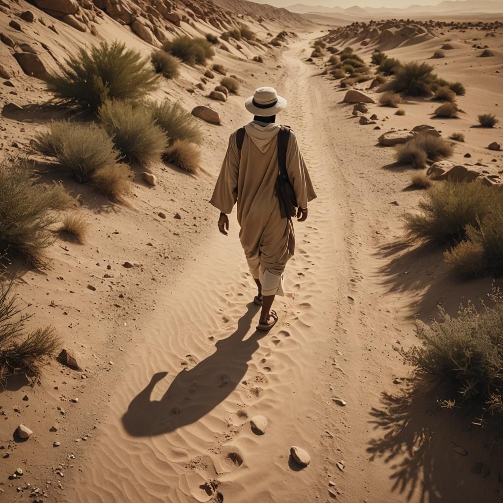A person wearing ancient sandals walking on a dusty path in ...