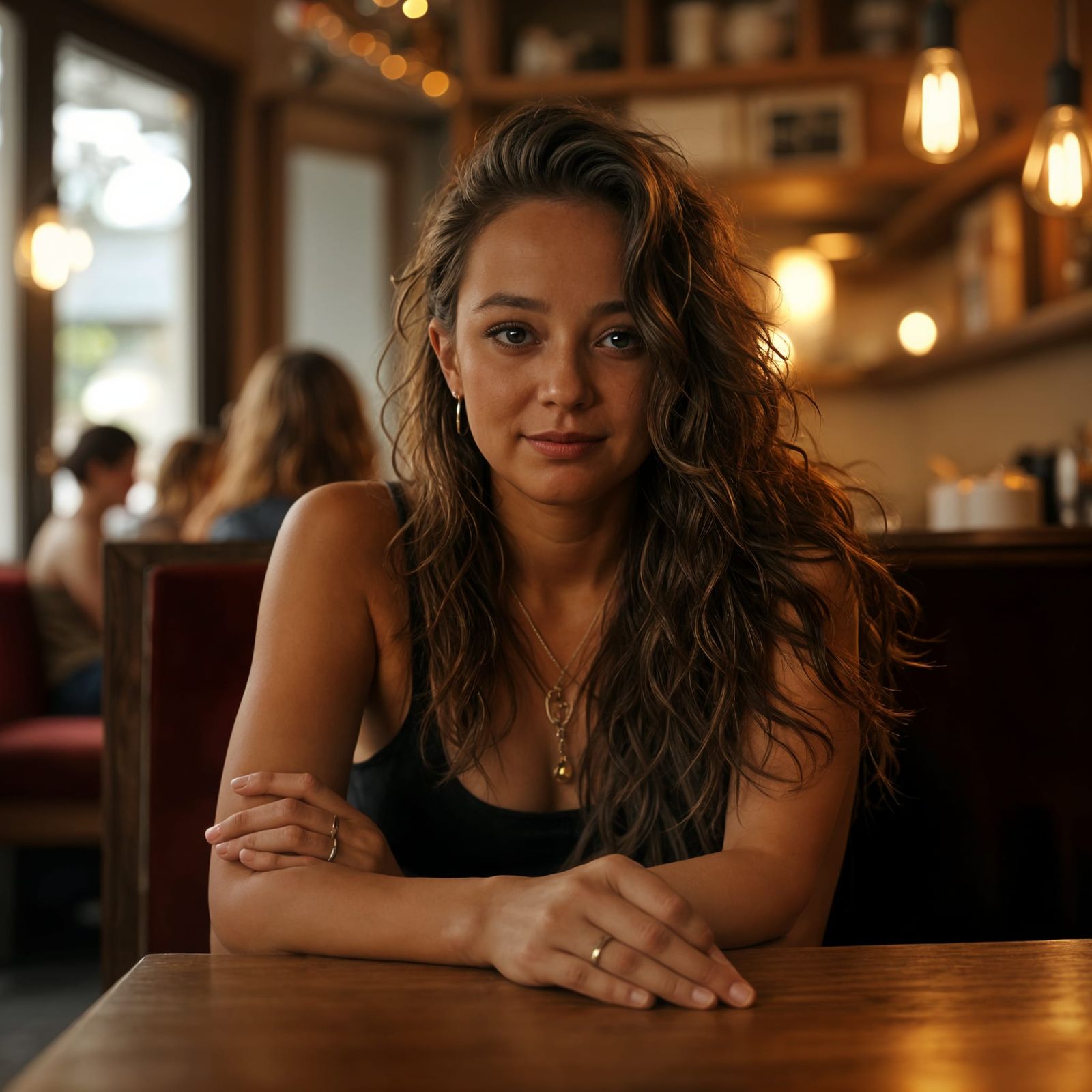 Photorealistic shot of a normal woman sitting in a cafe bar (8th place in photorealistic)