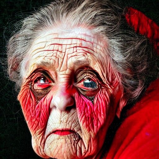 An hyperrealism old magical woman with red eyes hyperdetaile...
