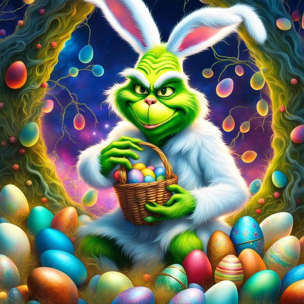 The Grinch in a white bunny costume stealing Easter eggs