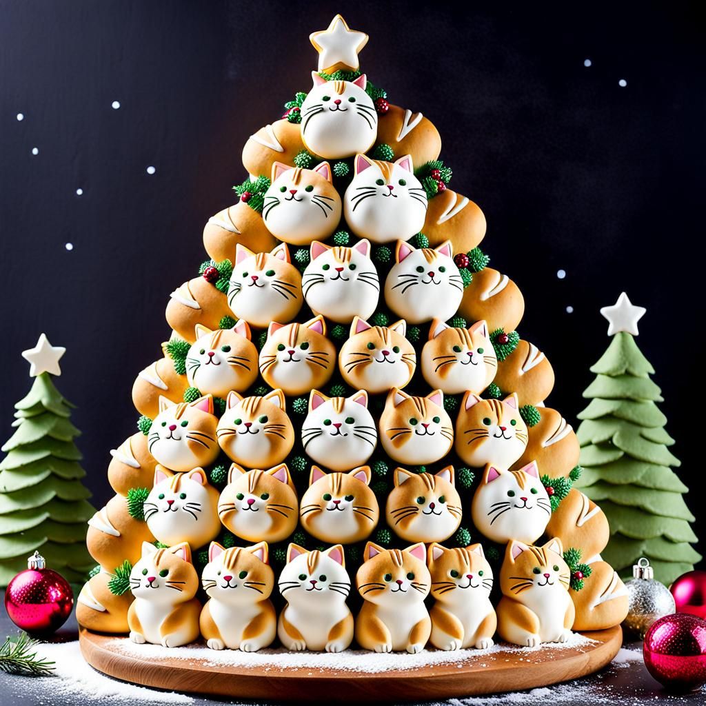 A delicious and festive Christmas tree made out of bread and decorated with adorable cat-shaped cookies.  by @Phantazia