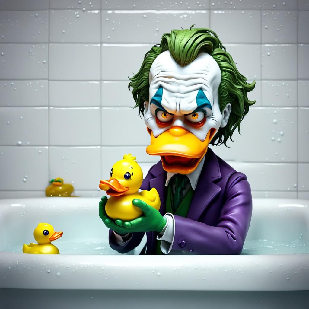 The film character Joker sits sadly in the bathtub and plays...