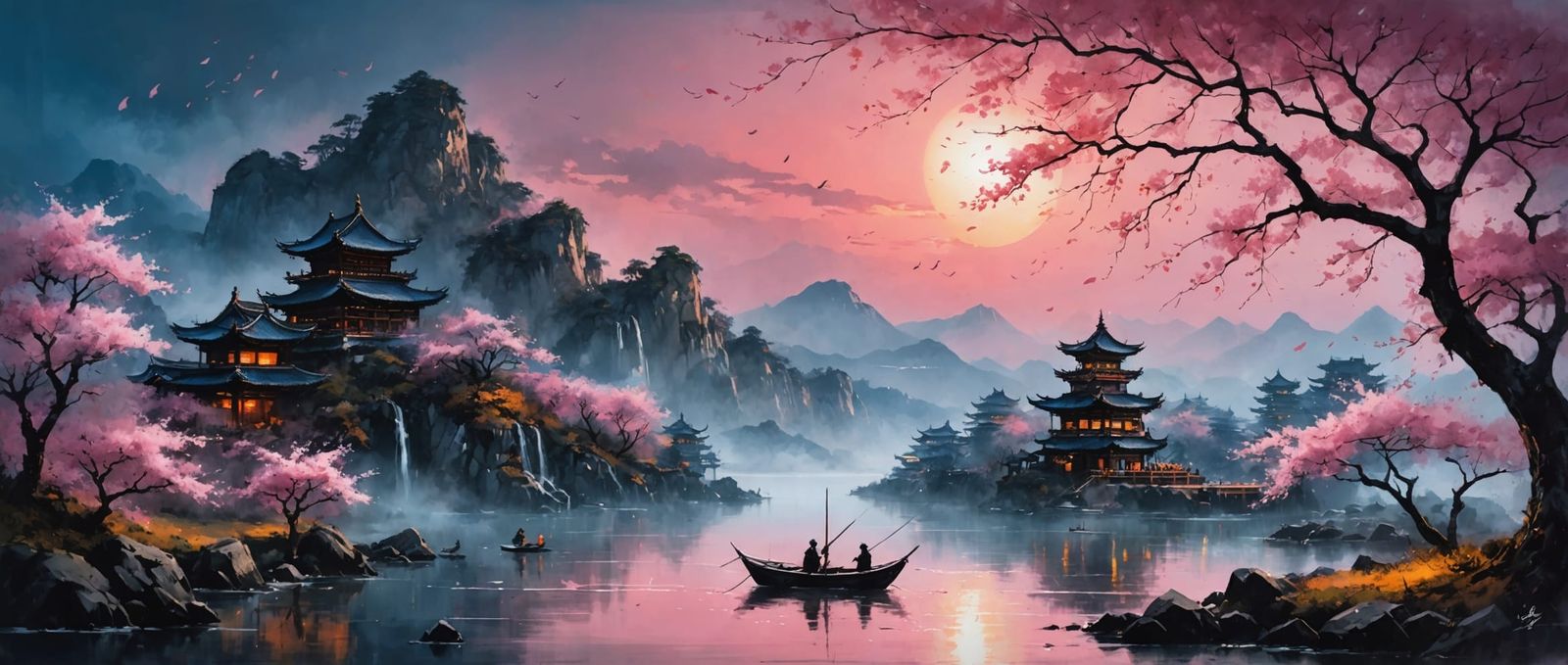 "epic chinese landscape in pink hues cinematic glowing twilight nighttime blue moon large dramatic sunset ...  by @Summerchild
